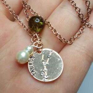 Copper Taurus Zodiac with Green Glass Bead and Genuine Freshwater Pearl